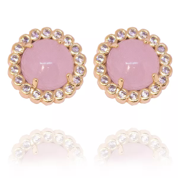 Brinco Redondo Imperial Semijoia Banho de Ouro 18K Zirconia Quartzo Rosa Coroado por Zirconia Incolor