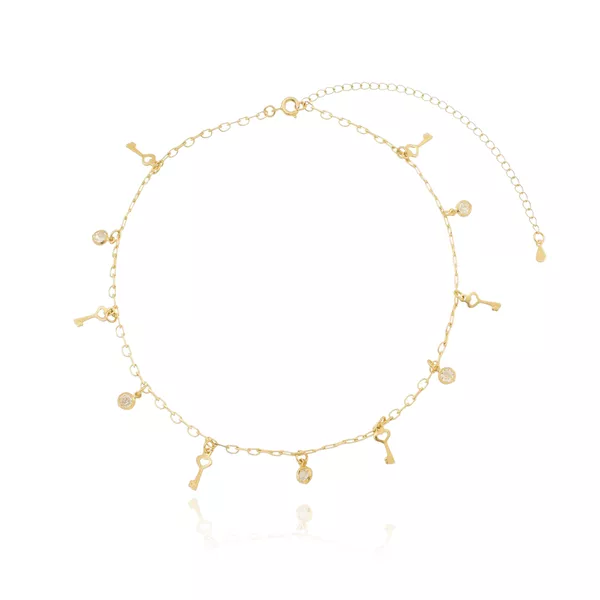 Pulseira Chaves, Corações e Ponto de Luz Banho de Ouro 18K