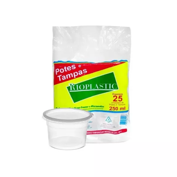 Pote Plástico PP Redondo Rioplastic com Sobretampa 250ml c/25 und