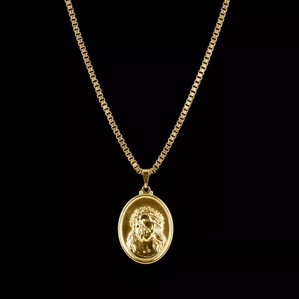 Corrente Elo Cadeado Detalhado(2,5mm) + Medalha Face de Cristo 3x2,4 - Banhado a Ouro 18K
