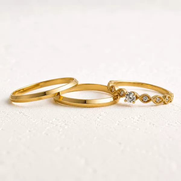 Aliança de Casamento em Ouro 2mm Ícaros e Anel Solitário Isis - Conjunto - Rosê & Co.