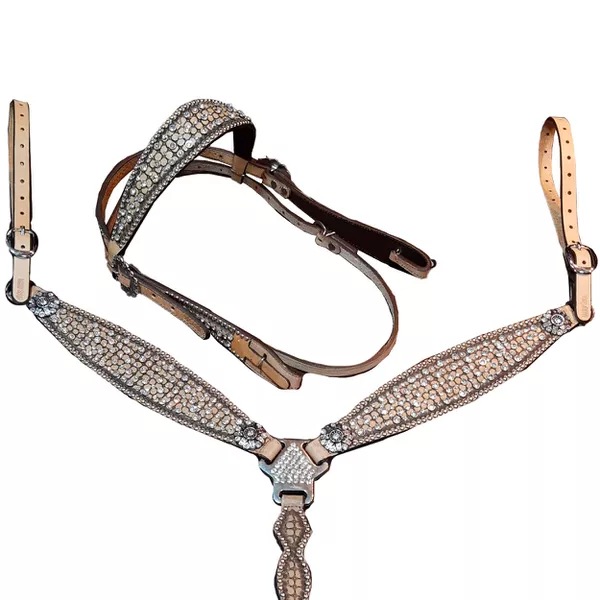 CONJUNTO DE CABEÇADA E PEITEIRA COURO - BEGE BORDADO/STRASS/CRAVINHO