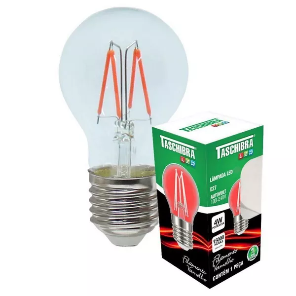 LÂMPADA LED BOLINHA FILAMENTO COLOR G45 VERMELHO BIVOLT TASCHIBRA