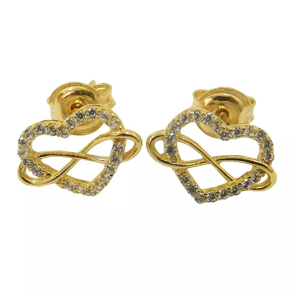 Brinco Coração Vazado com Simbolo do Infinito em ouro 18k com Zircônias