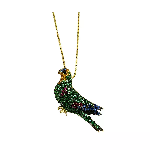 Corrente com Pingente de Papagaio de Ouro 18K com Zircônias