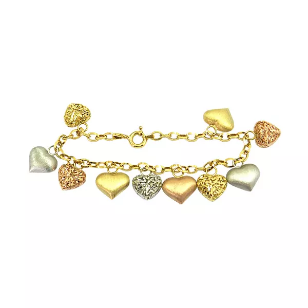 Pulseira Berloque de Corações em Ouro Branco, Amarelo e Rosê