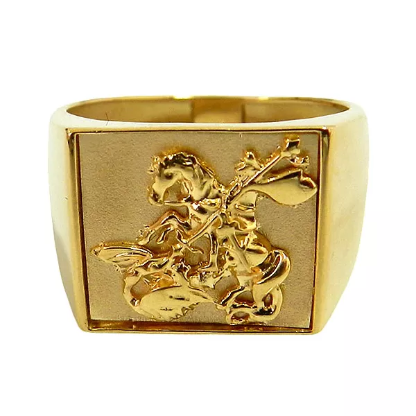 Anel Quadrado Masculino de Ouro 18K São Jorge