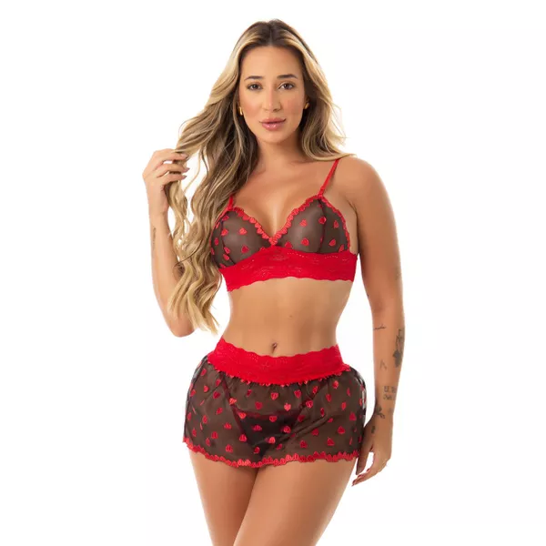 Conjunto Coração Com Sainha (ID1118) - Vermelho c/ Preto