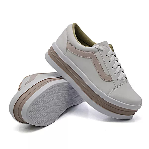 Tênis Casual Listra Sola Alta Branco com Rosê KCShoes