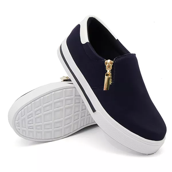 Slip On Zíper Azul Marinho Verniz Branco DKShoes