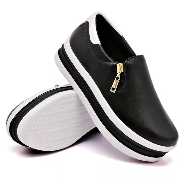 Slip On Zíper Sola Alta Preto Verniz Branco DKShoes