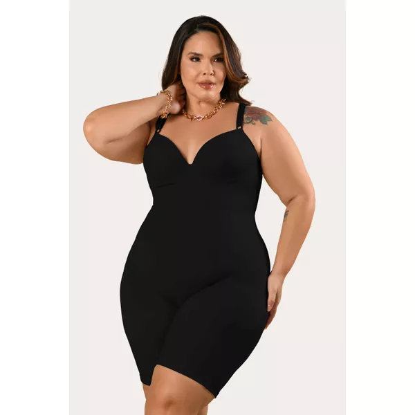 Ｒita Macaquinho Modelador Plus Size Ritati em Cetinete Preto | RITATI