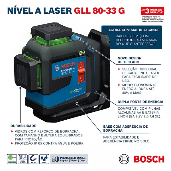 Nível a Laser Verde GLL 80-33 G (0601065500) - Bosch | Ritec