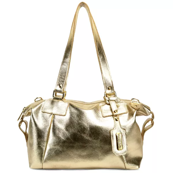 Bolsa Feminina Couro Legitimo Bowling Média Dourada