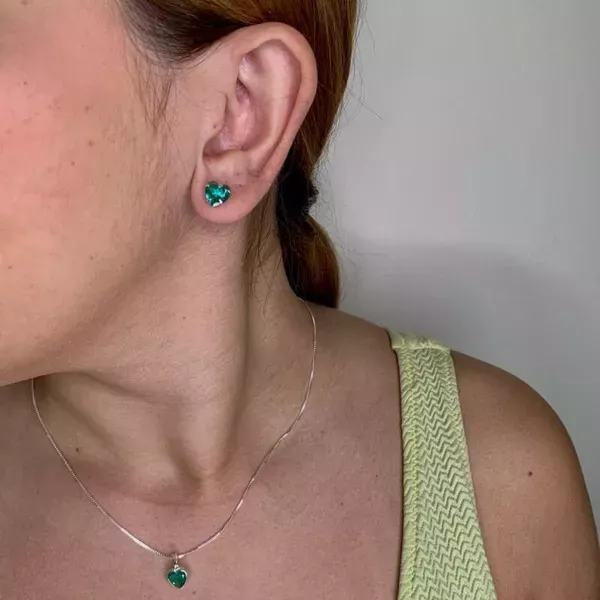 Conjunto Zircônia Coração Verde Prata 925 