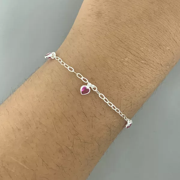 Pulseira Pingentes Coração Rosa Escuro 1,4gr Prata 925