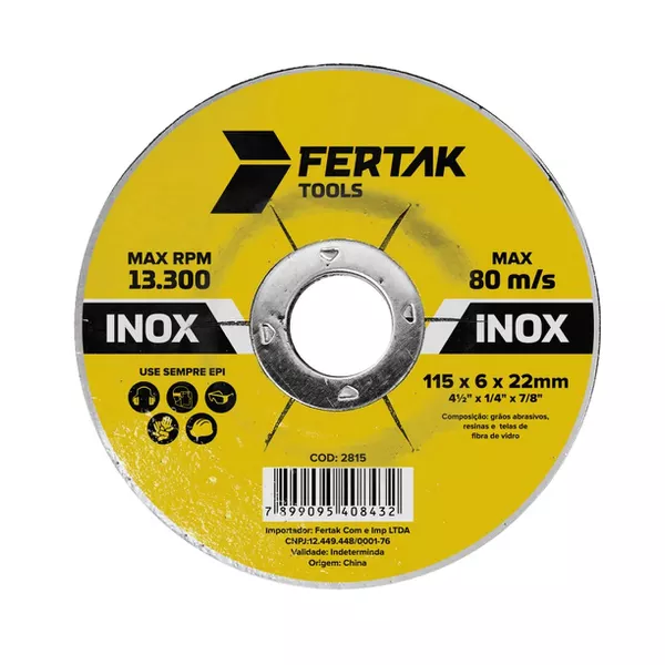 Disco Desbaste 4.1/2 x 1/4 x 7/8 Aço Inox 2815 Fertak