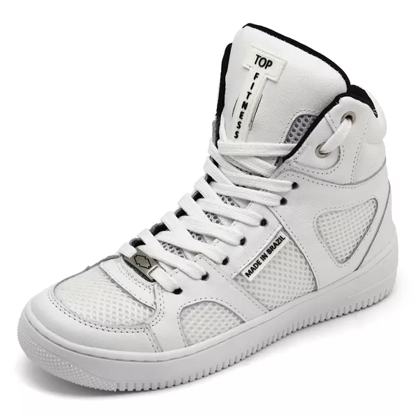 Tênis Bota Sneaker Cano Alto Top Fitness Em Couro Branco