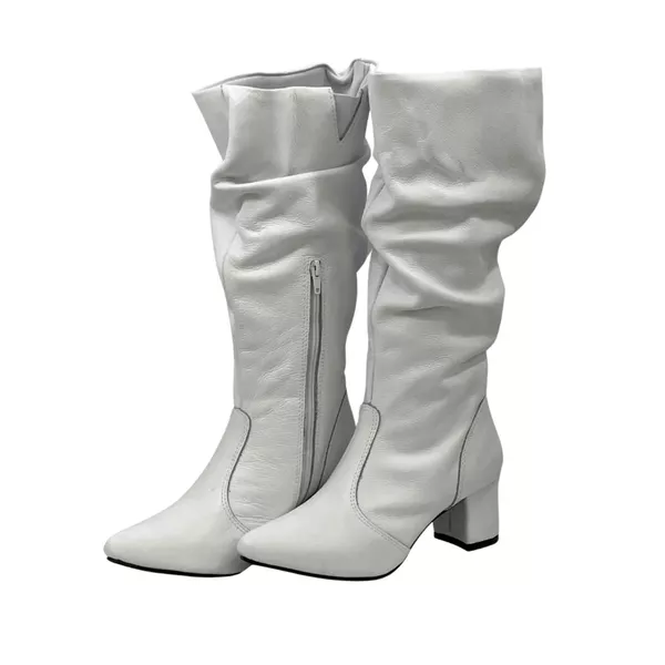 Botas Femininas Slouth Lirom Cano Enrugado Cano Alto Em Couro Legitimo Branco