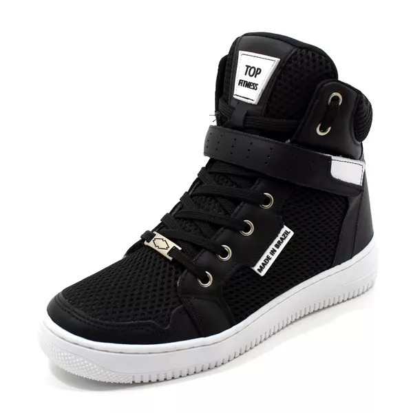 Tenis Masculino Top Fitness Cano Alto Em Couro Preto/Branco