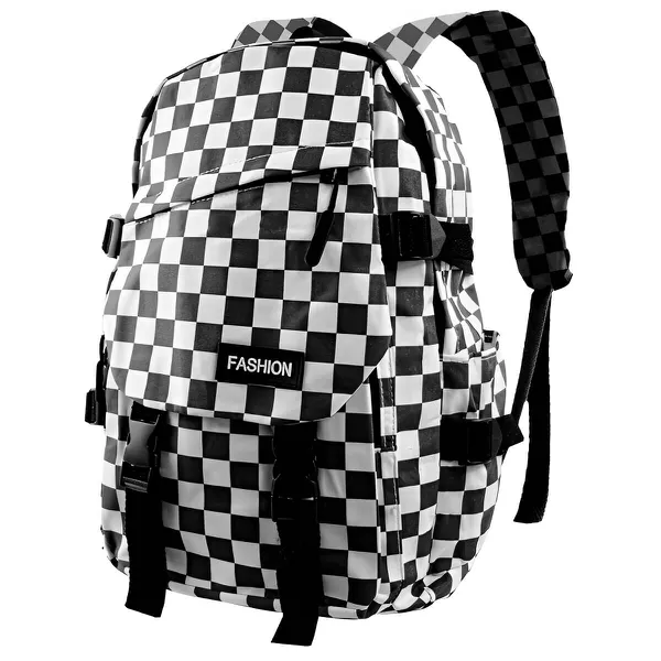 Mochila Média Quadriculada Estilo Escolar Juvenil Moderno Bolso Antifurto Quadriculada Branco e Preto