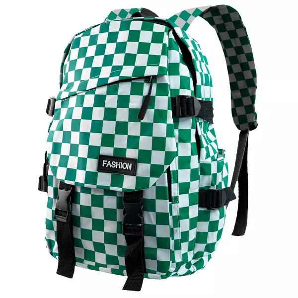 Mochila Média Quadriculada Estilo Escolar Juvenil Moderno Bolso Antifurto Verde e Branca