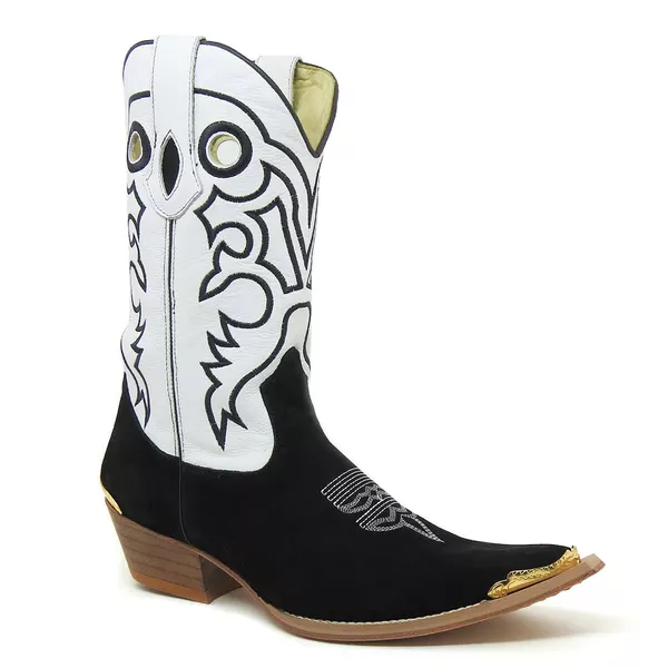 Bota Texana Masculina Couro Nobuck Preto e Floater Branco Com Ponteira - Silverado Botas