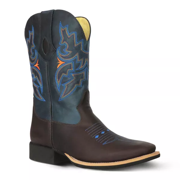 Bota Texana Masculina Couro Fóssil Café e Azul - Silverado Botas
