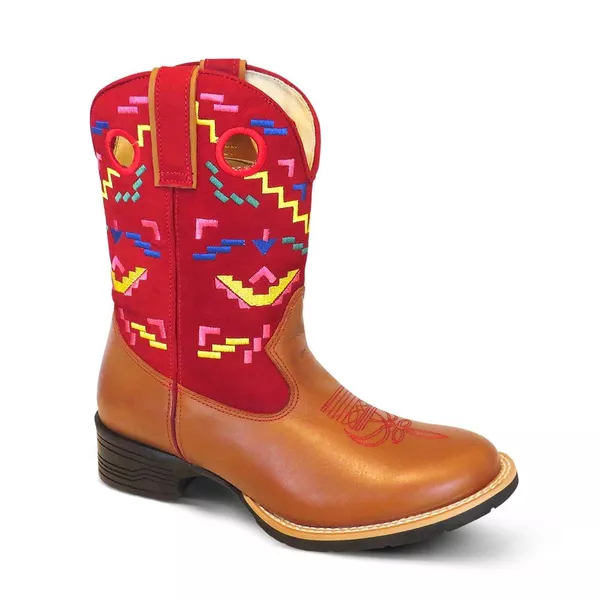 Bota Texana Feminina Couro Floater Conhaque e Nobuck Vermelho - Silverado Botas