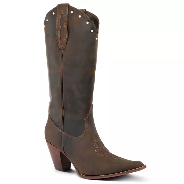 Bota Texana Feminia Couro Crazy Horse Café Com Strass - Silverado Botas