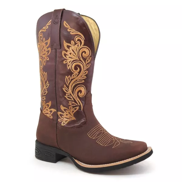 Bota Texana Feminina Couro Nobuck Tabaco e Fóssil Tabaco - Silverado Botas