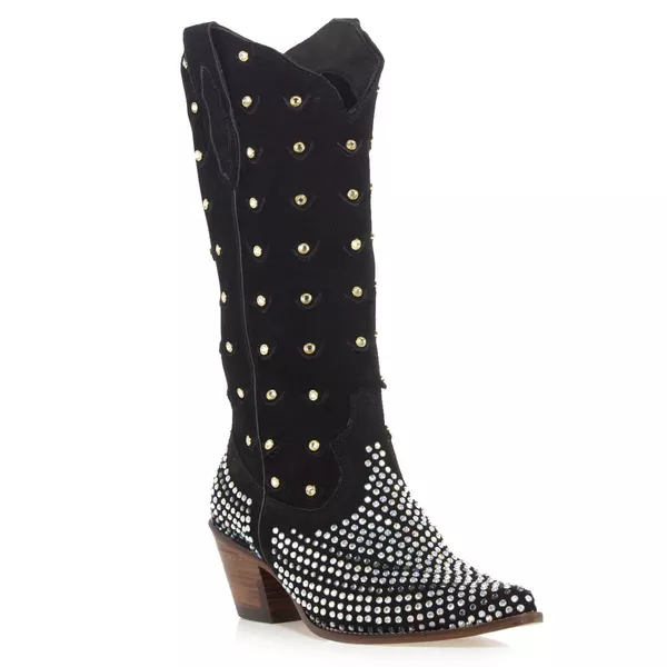Bota Texana Feminina Couro Nobuck Preto Com Detalhes Strass e Hotifix - Silverado Botas
