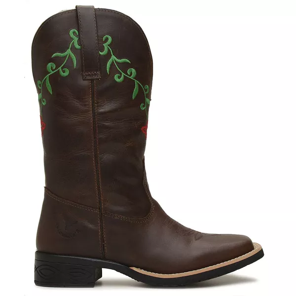 Bota Texana Feminina Couro Fossil Cafe Bordado Rosas - Silverado Botas
