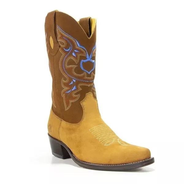 Bota Texana Masculina Couro Nobuck Banana e Nobuck Castor - Silverado Botas