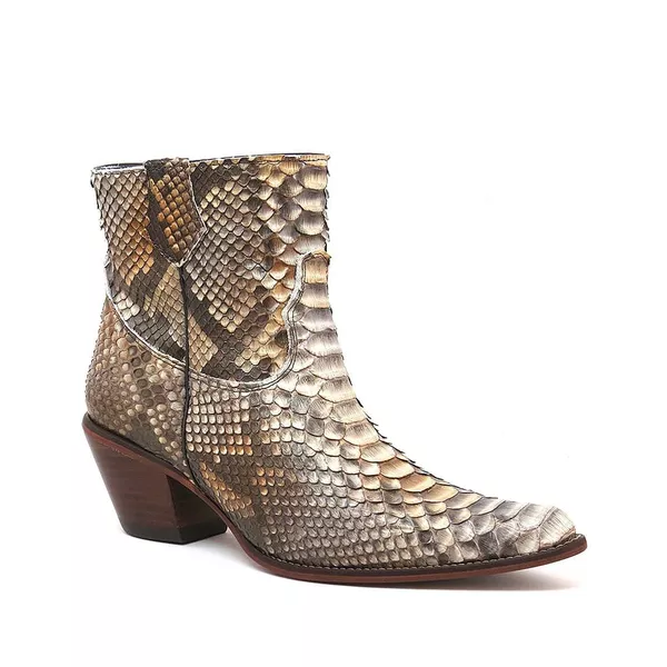 Botina Feminina Exótica Couro Pithon Sépia Metalizado - Silverado Botas