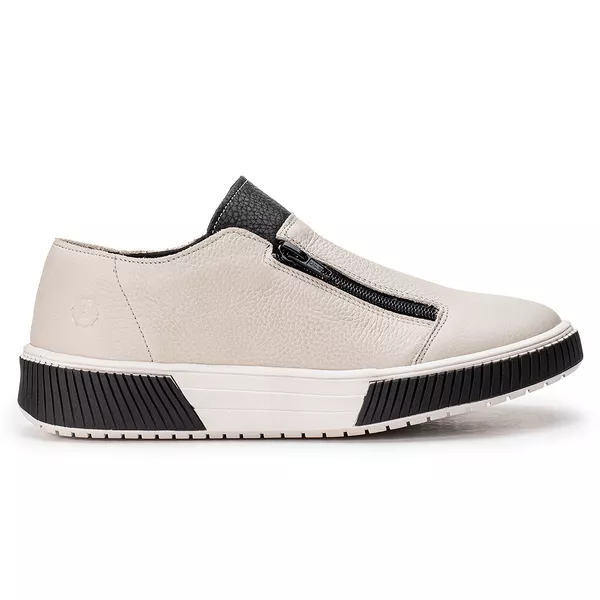 Tenis Em Couro Em Cores Off White e Lingua na Cor Preta