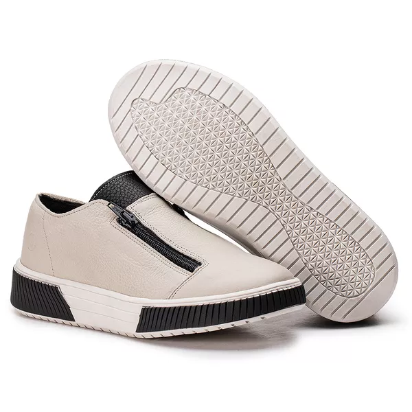 Tenis Em Couro Em Cores Off White e Lingua na Cor Preta
