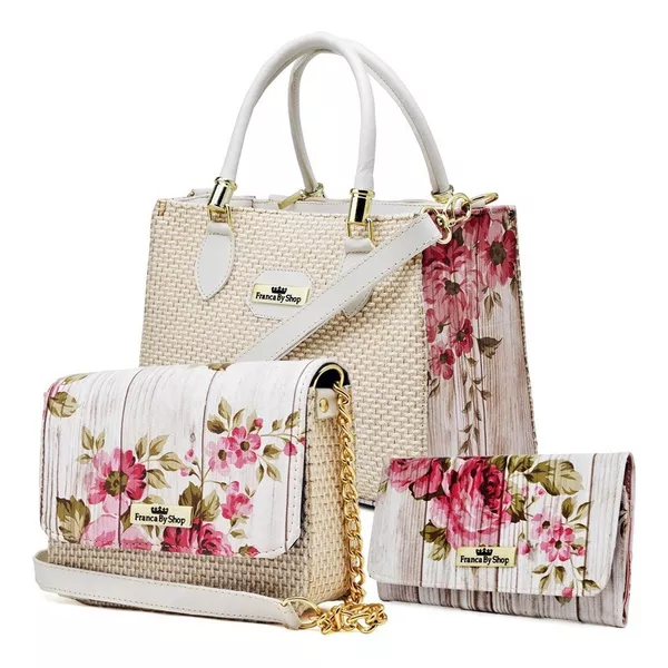 Kit Com 2 Bolsas Femininas Transversais e 1 Carteira Floral