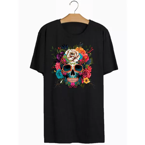 Camiseta Preta Estampa Frente Caveira Mexicana Flores Coloridas 