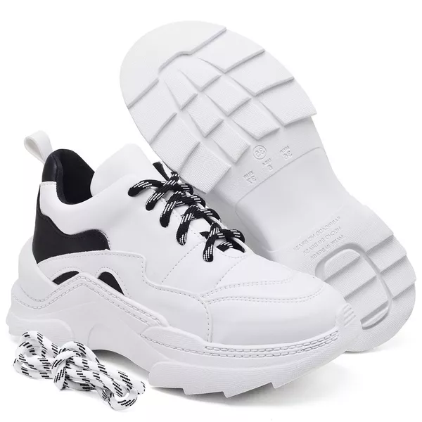 Tênis New Recortes Branco e Preto Sneaker Chunky - Cadarço