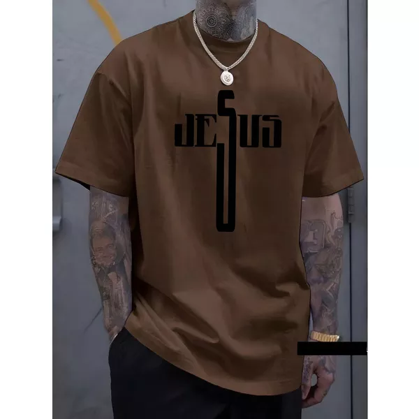 Camiseta Masculina Franshoes Casual 100% Algodão Jesus S Marrom Manga Curta
