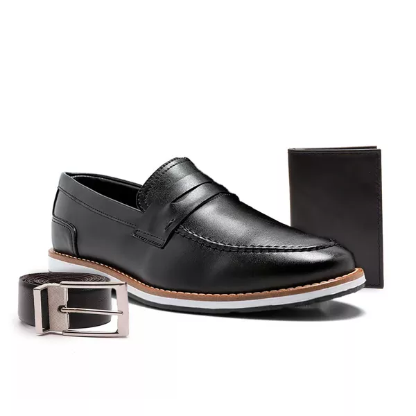 Kit Sapato Social Derby Masculino Franshoes Preto com Cinto e Carteira