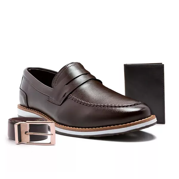 Kit Sapato Social Derby Masculino Franshoes Café com Cinto e Carteira