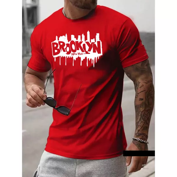 Camiseta Masculina Franshoes Casual 100% Algodão Brooklyn City Vermelho Manga Curta