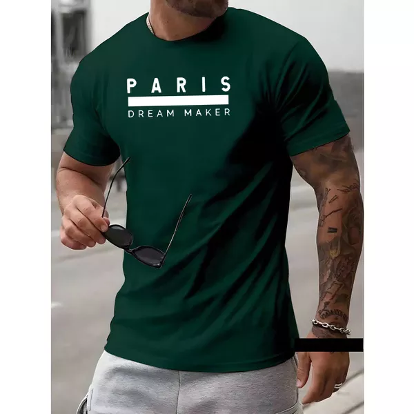 Camiseta Masculina Franshoes Casual 100% Algodão Paris Verde Manga Curta