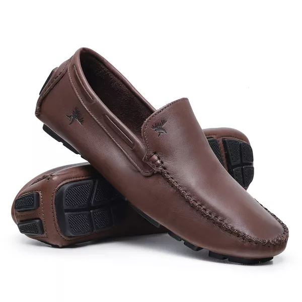 Mocassim Drive Liso Vancouver em Couro Café