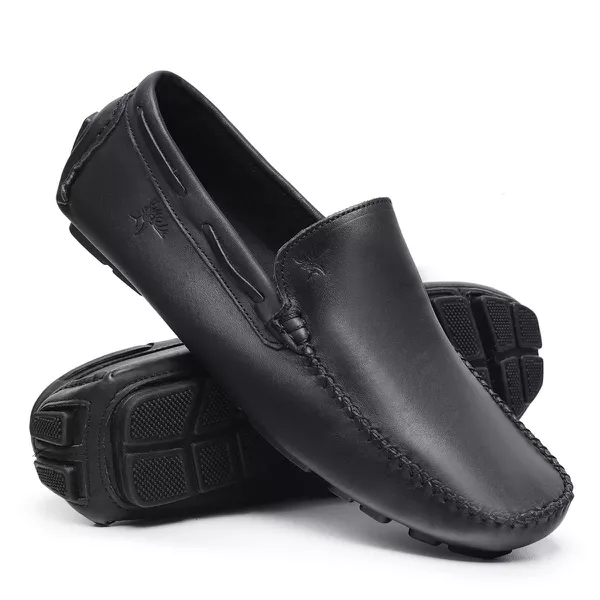 Mocassim Drive Liso Vancouver em Couro Preto