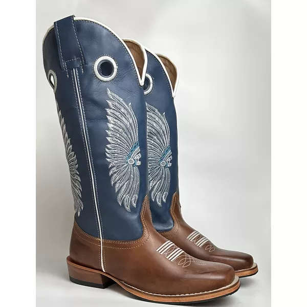 Bota Texana Masculina Bordado Indio Country em Couro Legítimo Bico Quadrado Salto Carrapeta