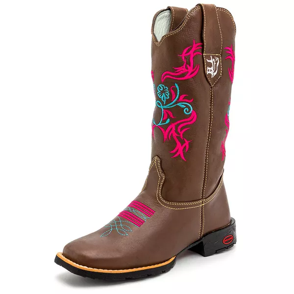 Bota Texana Feminina Country em Couro Legítimo Bico Quadrado 