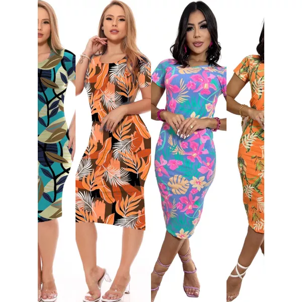 Vestido Midi Floral Estampado Médio Flores Feminino Moderno Tubinho Slim